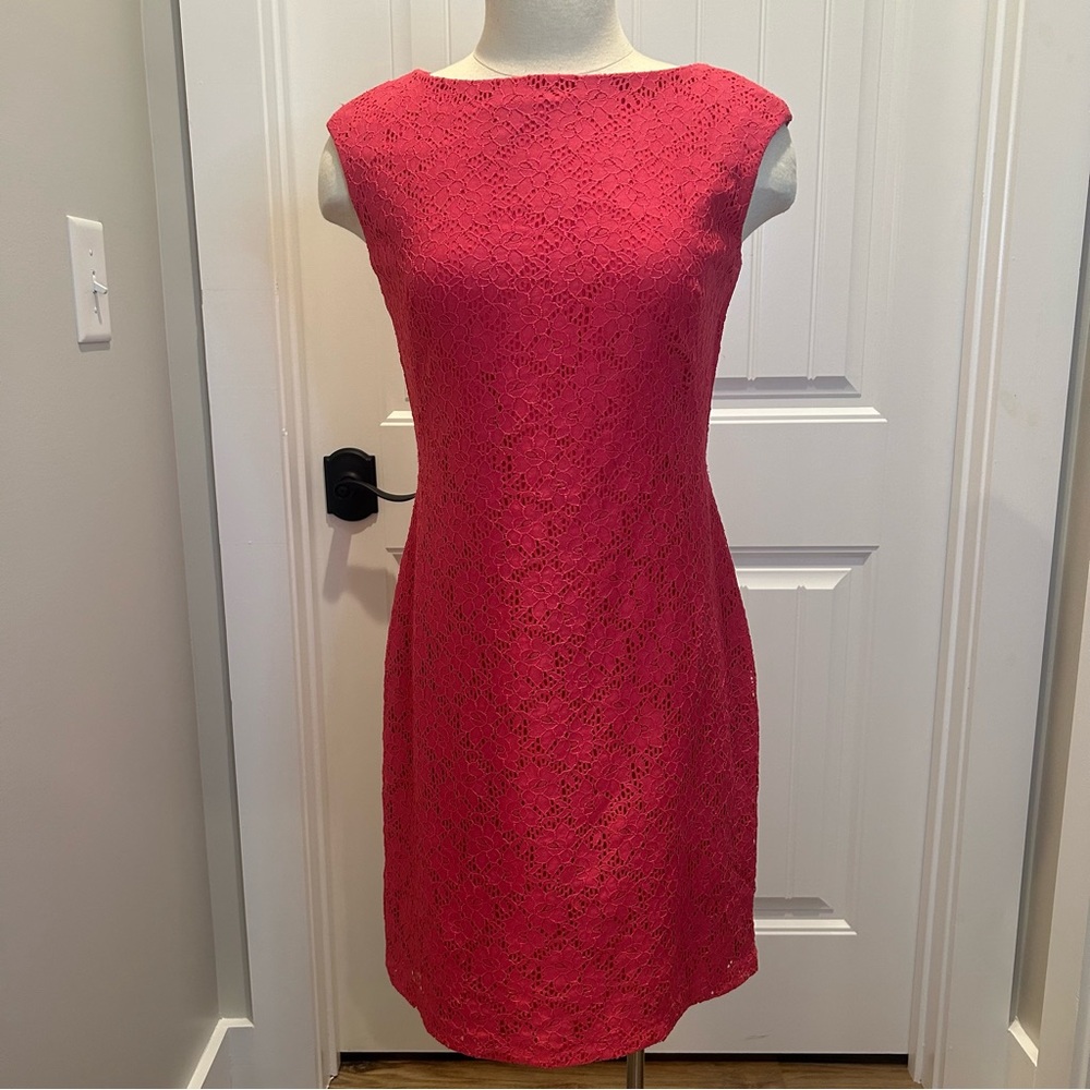 Chap’s Woman’s Floral Lace Fushia Pink  Cap Sleeve Sheath Dress Size 4